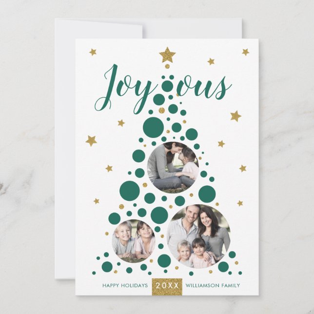 Joyeux arbre à pin vert et or | Carte photo de vac (Devant)