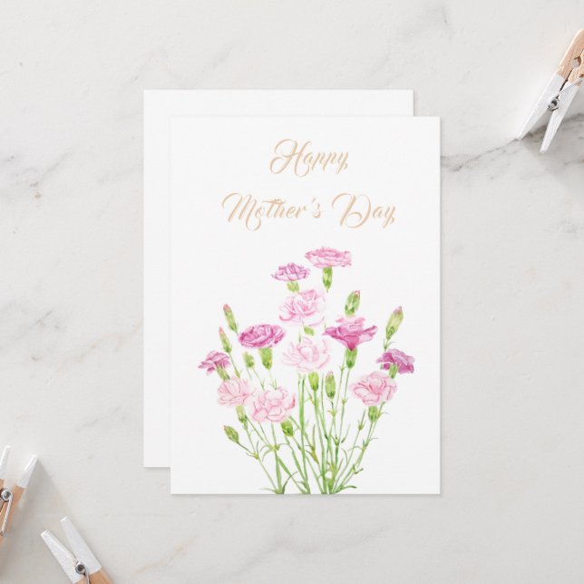 joyeux carte de fleurs carnation rose jour de la m (Devant/Arrière en situation)