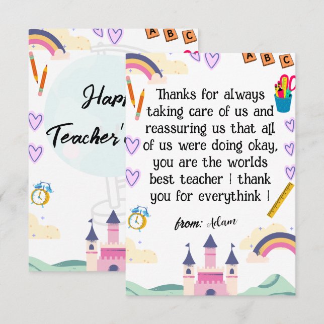 Joyeux carte de remerciements du jour de l'enseign (Devant / Derrière)