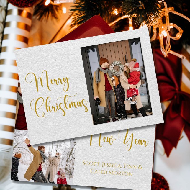 Joyeux Carte photo de famille de Noël Gold Script (Créateur téléchargé)