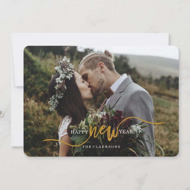 Joyeux Carte photo de script or du Nouvel An (Devant)