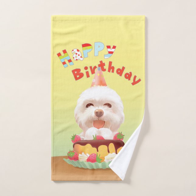 Joyeux chien d'anniversaire avec gâteau (Serviette à main)