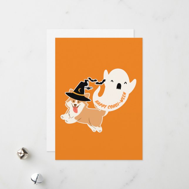Joyeux Corgi-Ween | Carte de vacances Cute Corgi (Devant/Arrière en situation)