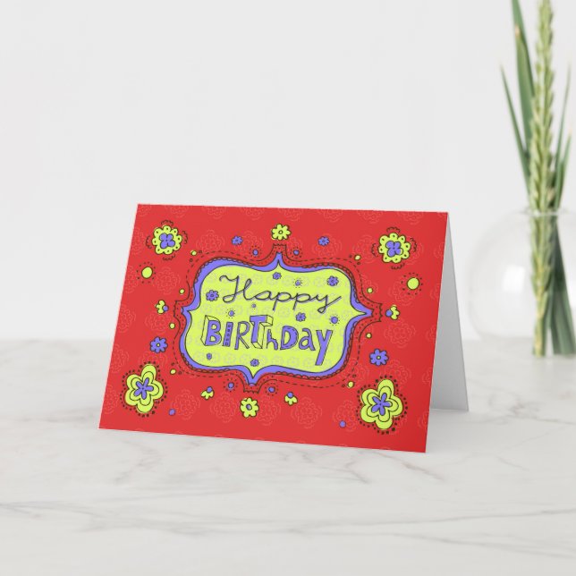 Joyeux Doodle Red Girly Carte de voeux d'anniversa (Devant)