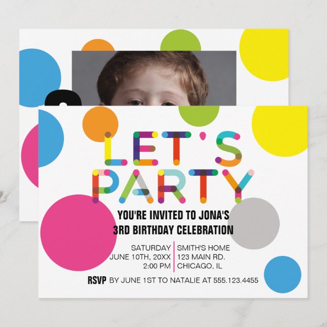 Joyeux Dots Invitation photo de fête d'anniversair (Devant / Derrière)