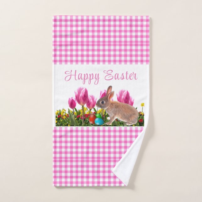 Joyeux En vichy rose de Pâques avec lapin lapin (Serviette à main)