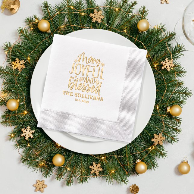 Joyeux et béni Nom de famille | Date ("Merry, Joyful and Blessed" Family Name and Year Established Typography Stamped Foil Napkins)
