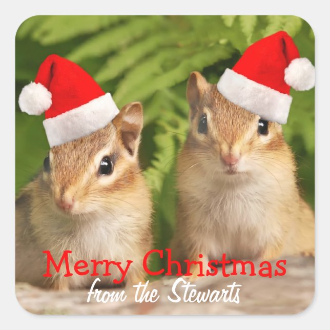Joyeux Étiquettes Carrés de Noël avec Chipmunks bé (Devant)