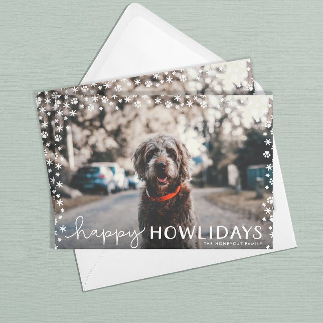 Joyeux Howlidays Pet Lover Carte photo de vacances (Happy Holidays pet holiday card with snowflake and paw print border)