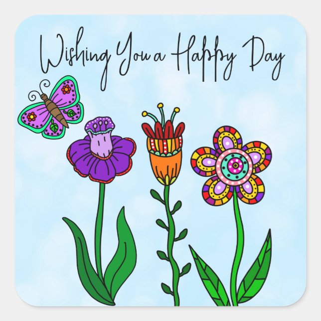 Joyeux Jour Joli Sticker Carré Fleurs (Devant)