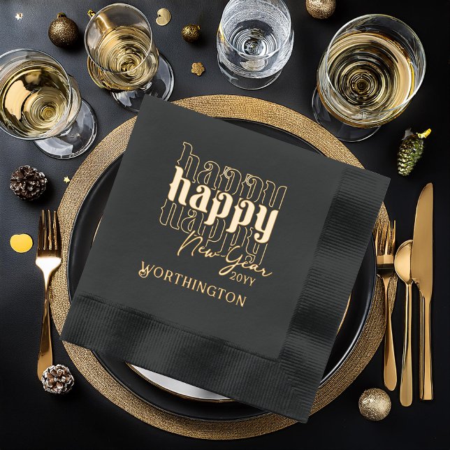 Joyeux Joyeux Nouvel An Foil Stamped Napkins ("Happy Happy Happy New Year" Name and Year Black with Gold Foil Stamped Napkins )