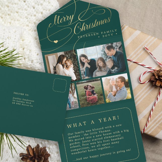 Joyeux Noël 5 photo collage carte verte rustique (Créateur téléchargé)