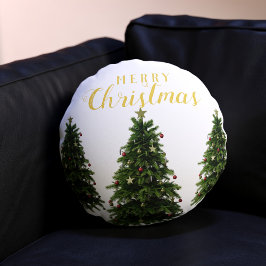 Joyeux Noël Arbres Hiver Blanc Coussin rond