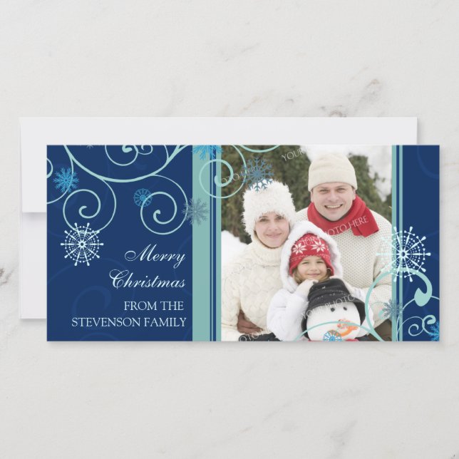 Joyeux Noël Carte photo Flakes Blue Snowflakes (Devant)