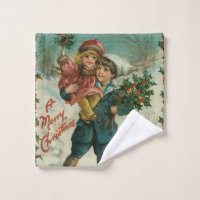 Joyeux Noël - carte postale rétro, enfants, houx