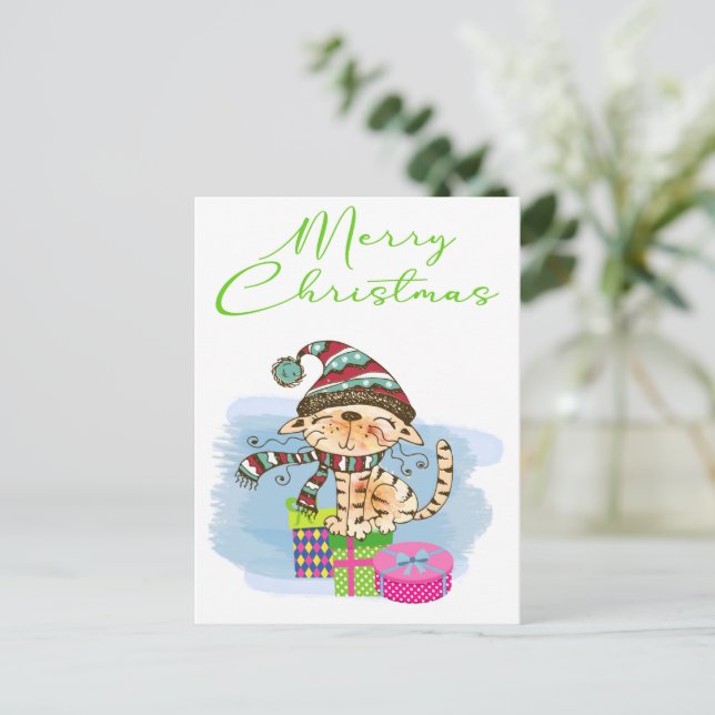 Joyeux Noël Cat Illustration de vacances Carte pos (Debout devant)