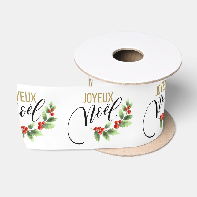 Joyeux Noël Chic Holly Floral | Weihnachten Satinband (Spule)