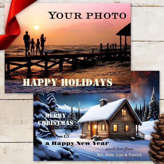 Joyeux Noël classique Carte photo personnalisé (Christmas Holidays custom photo card with classic winter landscape with festive cottage and Santa)