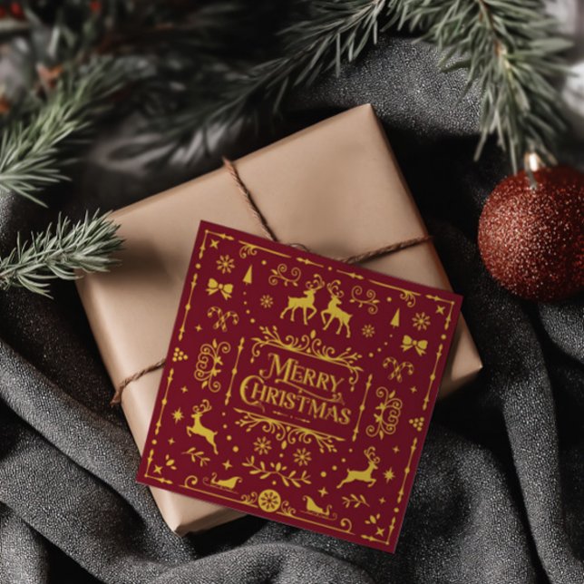 Joyeux Noël Classique Rouge Nordique Carte de vaca (Merry Christmas Red & Yellow Classic Holiday Card)