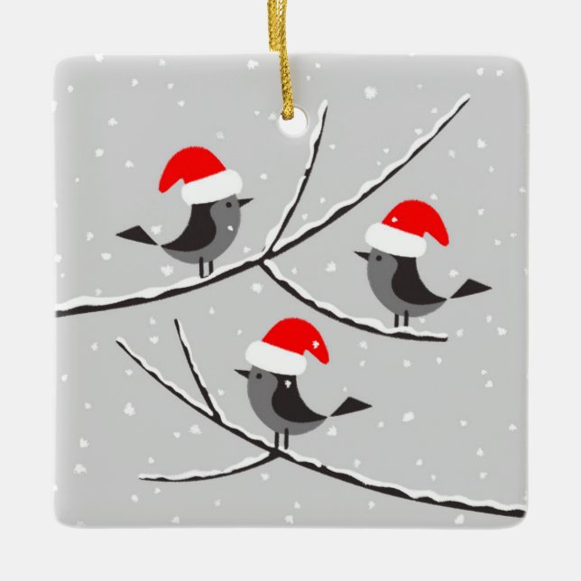 Joyeux Noël des oiseaux bonnet de Père Noël Keramikornament (Vorderseite)