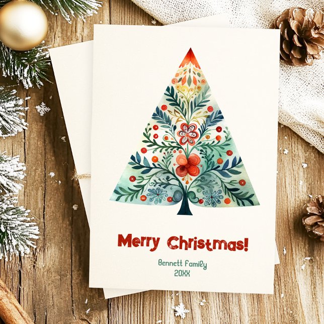 Joyeux Noël famille carte arbre de Noël (Send warmth this Christmas with a Scandinavian-style watercolor tree card 🎄🎁)
