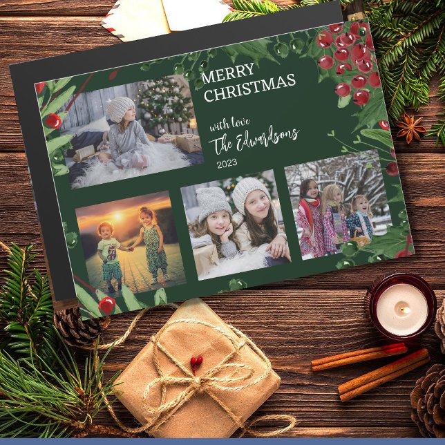 Joyeux Noël famille photo collage carte magnétique (Merry Christmas family photo collage magnetic card. Beautiful rustic unique Christmas card.)