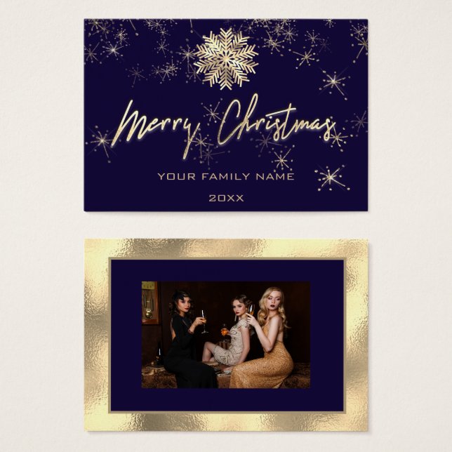 Joyeux Noël Gold Blue Navy Photo Snowflakes (Devant & derrière)