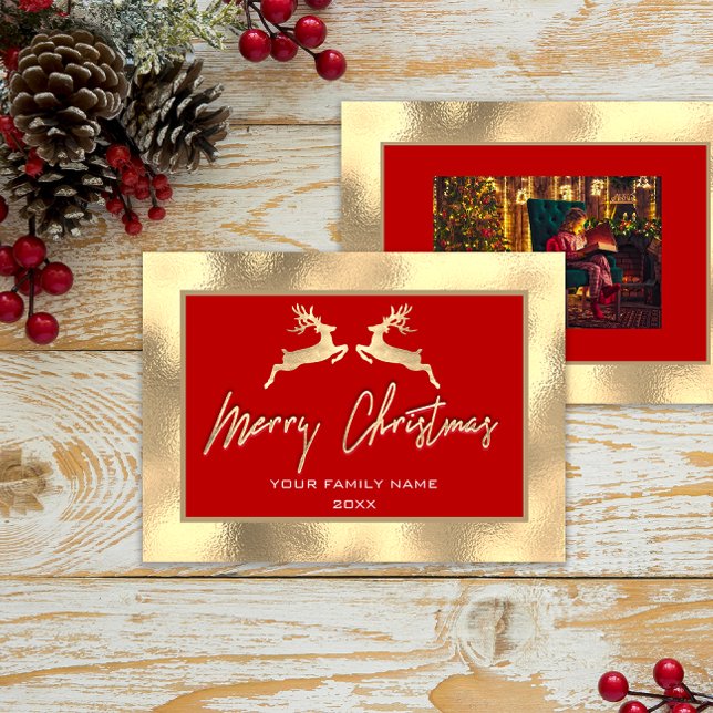 Joyeux Noël Gold Family Photo Reindeer Rouge (Merry Christmas Gold Family Photo Reindeer Red)