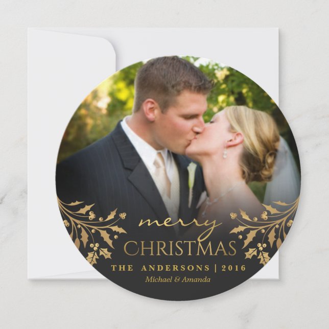 Joyeux Noël Gold Holly Carte photo rond (Devant)