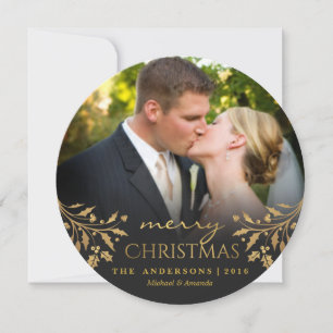 Joyeux Noël Gold Holly Carte photo rond