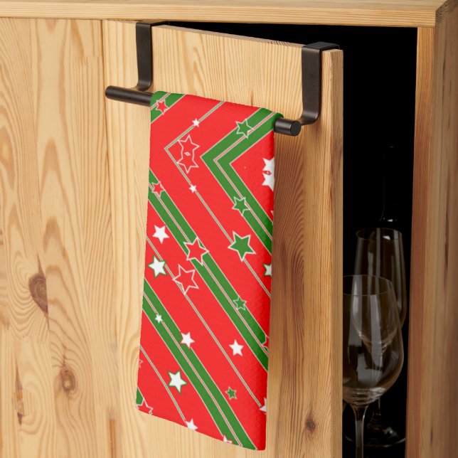 Joyeux Noël Green Red Stars Serviettes de cuisine (Pliage en tiers)
