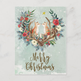 joyeux Noël hiver renard floral carte postale