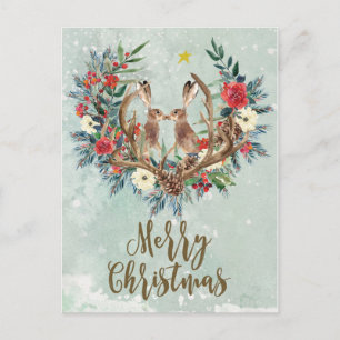 joyeux Noël hivernal lièvres floral carte postale