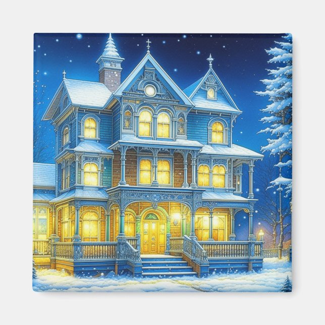 Joyeux Noël Hübsch Blue Christmas House Magnet (Vorne)
