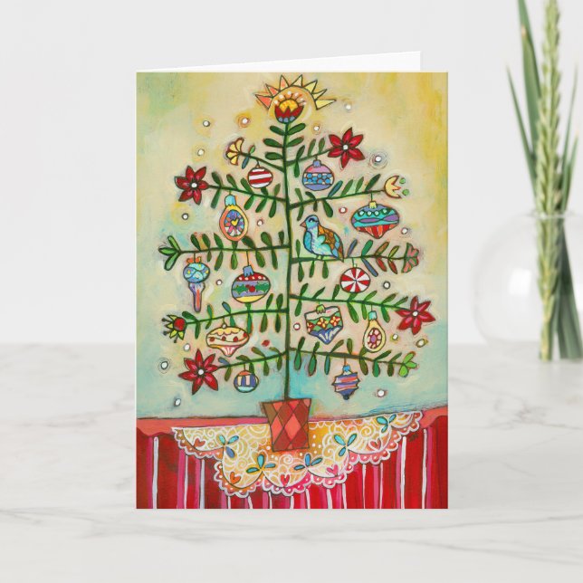 Joyeux Noël Illustré Folk Tree Carte de vacances (Devant)