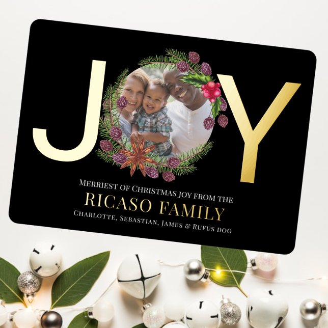 Joyeux Noël Joie Carte photo Wreath (Real foil holiday cards. Joy photo template Christmas flat card from Ricaso. Add your own text )