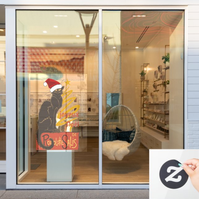 Joyeux Noel Le Chat Noir With Stylized Golden Tree Fensteraufkleber (Schaufenster)