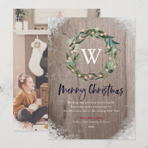 Joyeux Noël Monogramme Wreath Carte photo en bois
