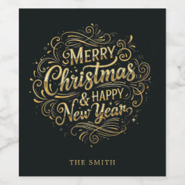 Joyeux Noël noir et or Script Vin Étiquette