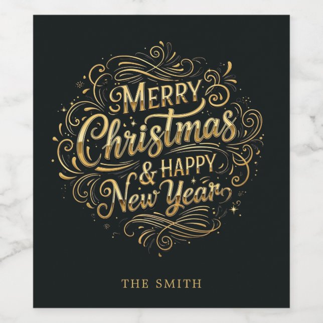 Joyeux Noël noir et or Script Vin Étiquette (Étiquettes simples)