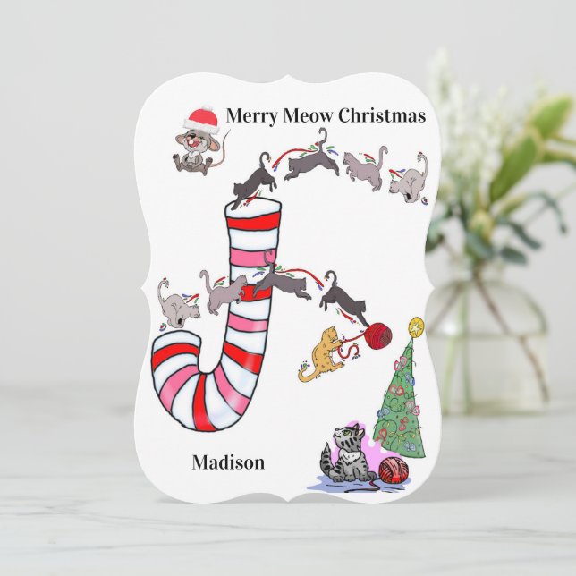 Joyeux Noël Père Noël Cat Mice Plat Carte de voeux (Debout devant)