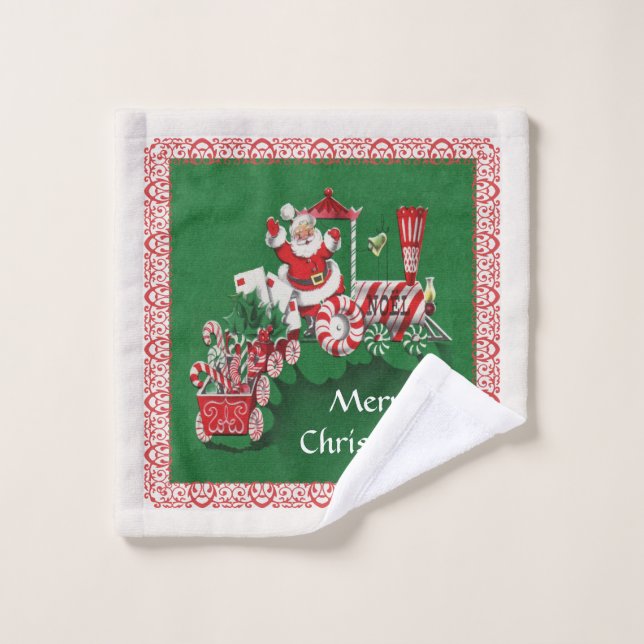 Joyeux Noël Père Noël équitation Candy Train Vert  (Gant de toilette)