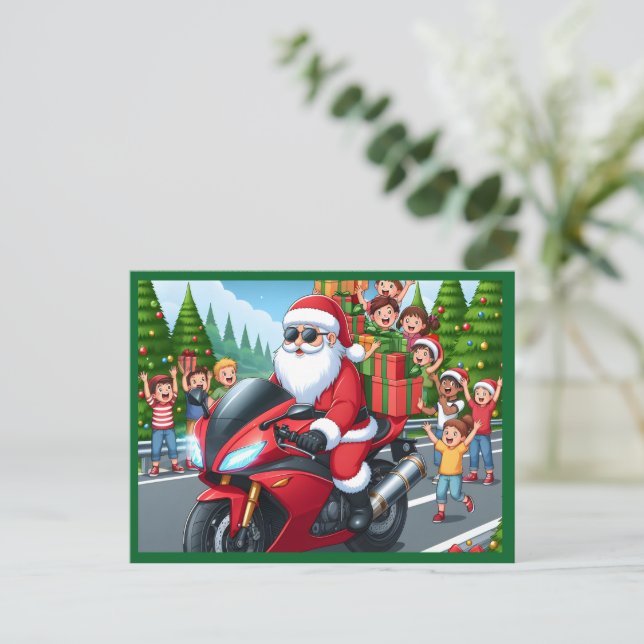 Joyeux Noël Père Noël Motorcycle carte postale (Debout devant)
