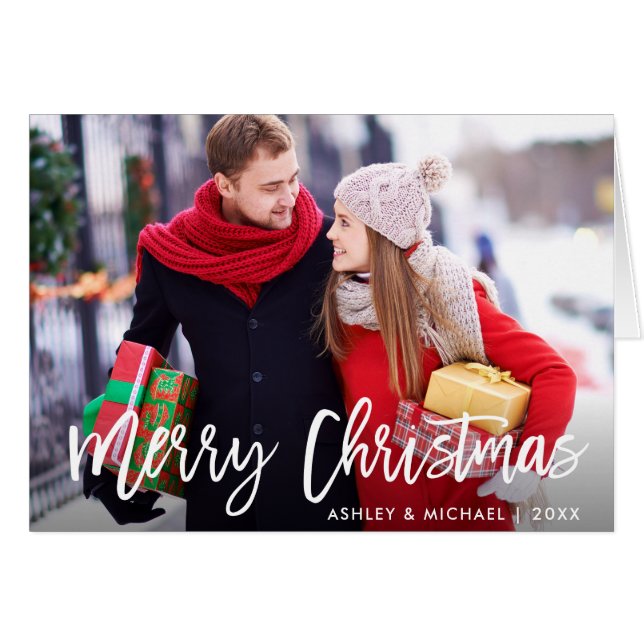 Joyeux Noël Photo Brosse Script Plier Carte (Devant horizontal)