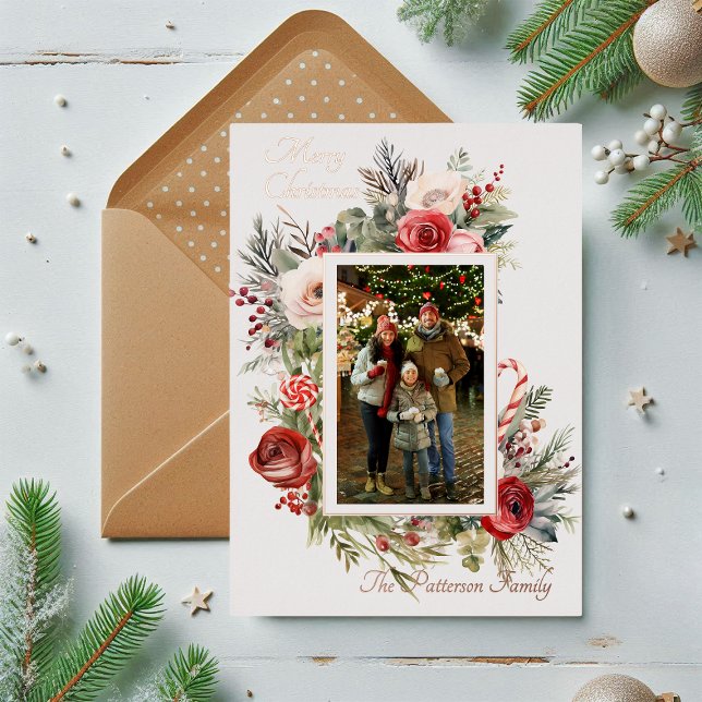 Joyeux Noël Photo Floral Foil Carte de vacances (Créateur téléchargé)