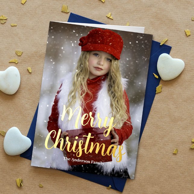 Joyeux Noël Photo Vacances Véritable Or (Enhance holiday wishes with our photo card, featuring "Merry Christmas" in gold foil for added charm)