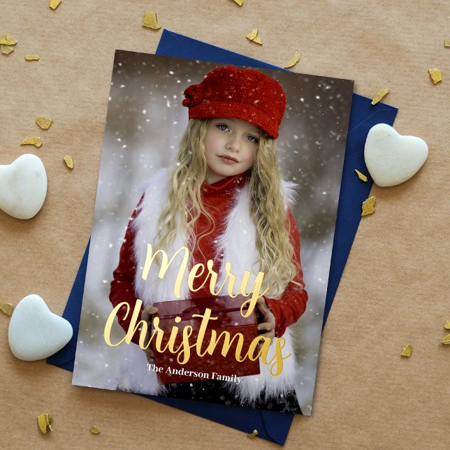 Joyeux Noël Photo Vacances Véritable Or (Enhance holiday wishes with our photo card, featuring "Merry Christmas" in gold foil for added charm)