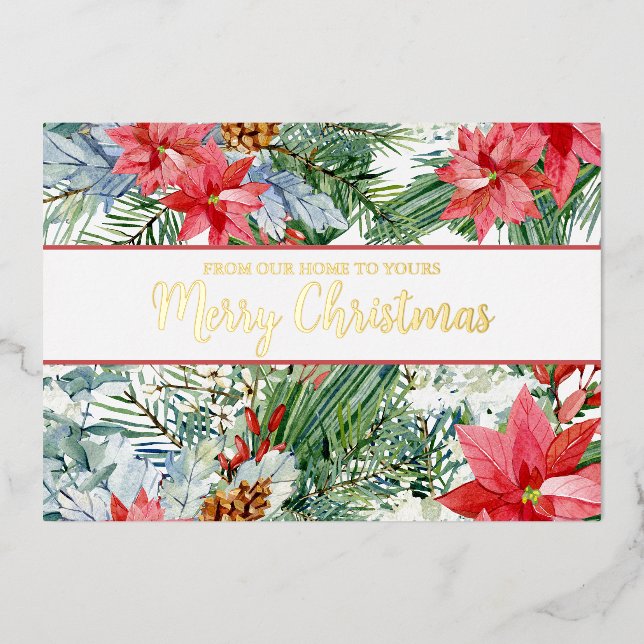 Joyeux Noël Pointsettia Pine Foil Carte de vacance (Recto)