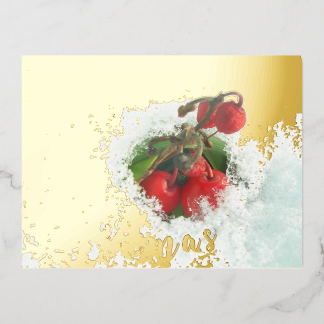 Joyeux Noël Red Berries Gold Foil Carte postale (Recto)
