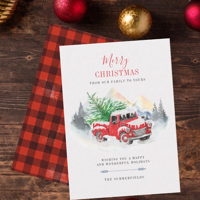 Joyeux Noël Rouge Camion Buffalo Carte de famille (Merry Christmas Red Truck Plaid Rustic Red Black Holiday Greetings)